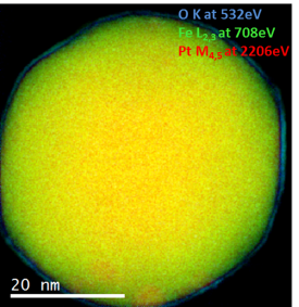 EELS color map of a Pt/Fe catalyst nanoparticle